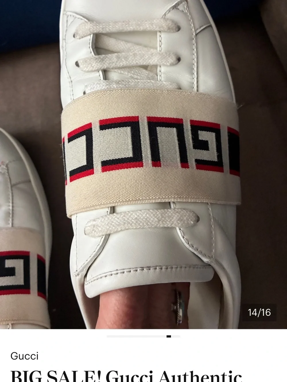 SALE GUCCI White Leather Sneakers Logo Strap across foot men’s has serial number
